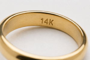 Close-up of a 14K hallmark stamped inside a yellow gold ring.
