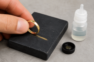 Gold ring being rubbed on a black testing stone beside a bottle of gold testing acid.