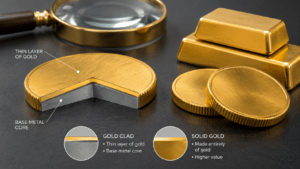 Gold clad coin cross-section showing a thin gold layer over a base metal core compared with solid gold