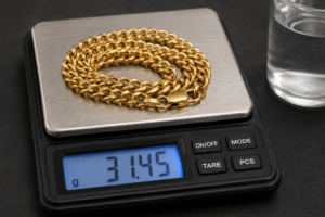 Gold chain being weighed on a digital jewelry scale beside a glass of water.