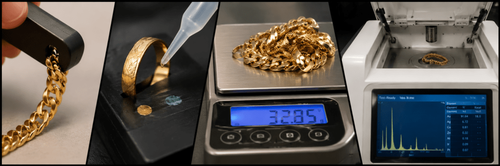 Collage showing four ways to test gold: magnet testing, acid testing, weighing on a digital scale, and professional XRF analysis.