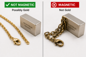 Gold magnet test showing a non-magnetic gold-colored chain beside a neodymium magnet and a magnetic chain sticking to the magnet.