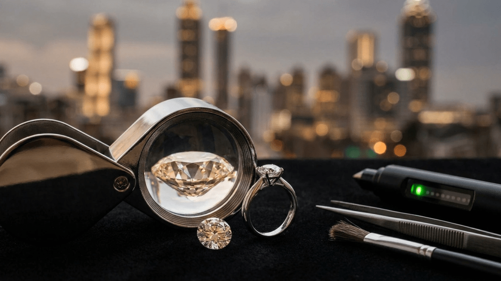 Diamond ring being professionally evaluated for customers looking to sell diamonds in Atlanta
