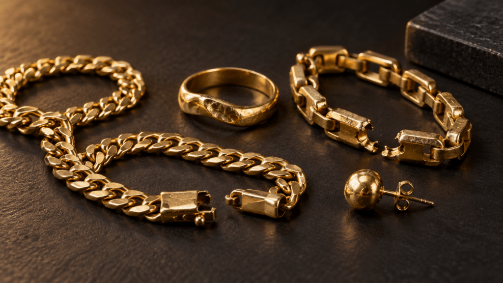 Broken scrap gold chains, ring, bracelet, and earring prepared for evaluation