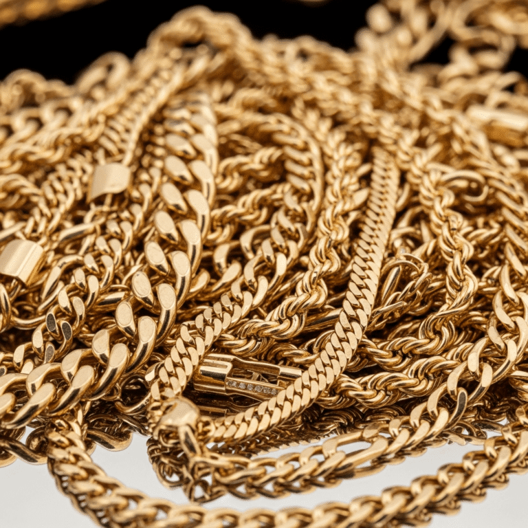 A group of gold-colored chains in different link styles.