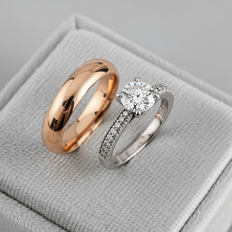 A rose-colored band and a silver-colored stone-set ring in a jewelry box.