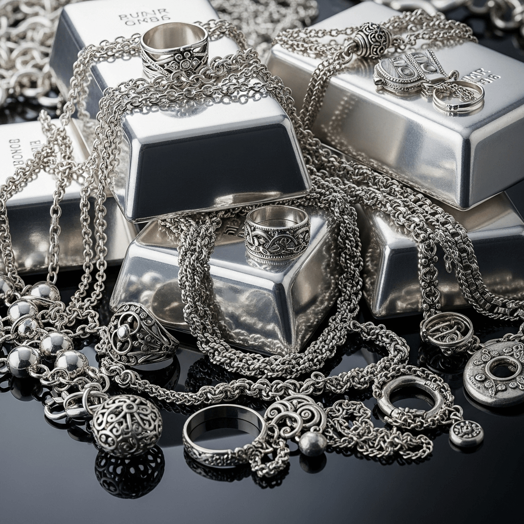 Silver-colored chains, bracelets and rings arranged around display boxes.