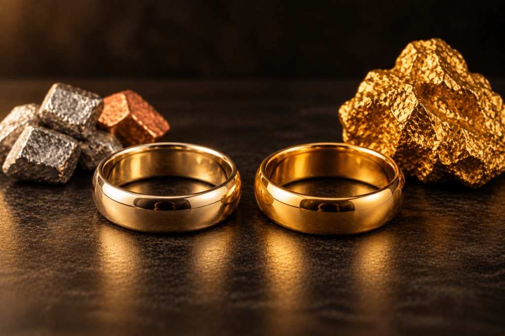 Two gold rings beside gold, silver, and copper metals on a dark surface.