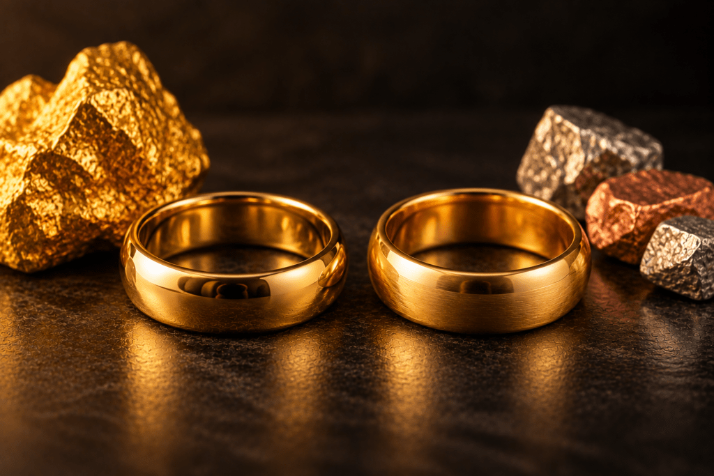 Two gold rings beside gold, silver, and copper metals on a dark surface.
