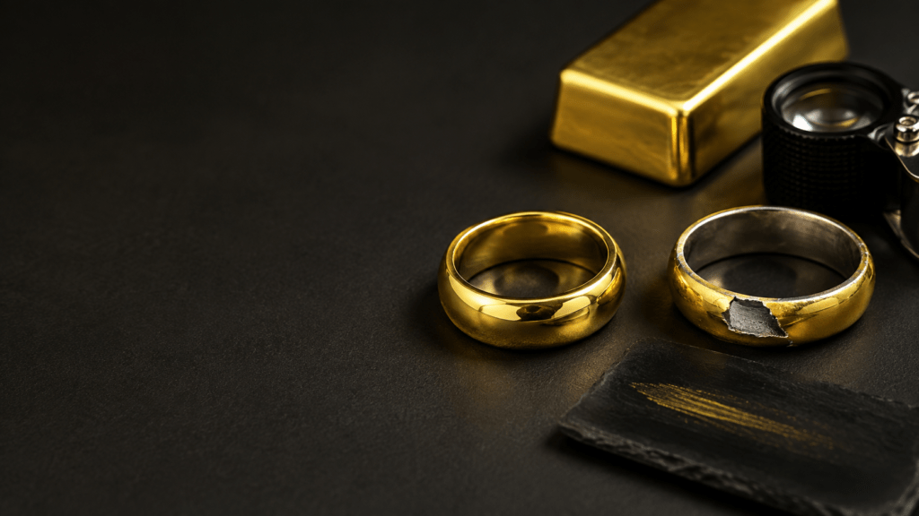 Solid gold ring beside a worn gold-plated ring showing base metal underneath