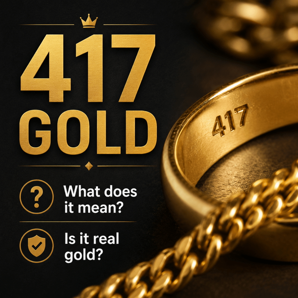 417 gold hallmark stamped inside a gold ring, explaining that 417 means 10K real gold