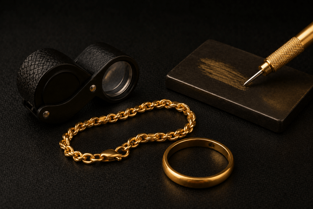 Gold chain and ring beside a jeweler’s loupe and testing stone.