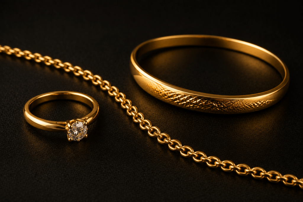 Gold gemstone ring, chain, and patterned bangle on a dark surface.