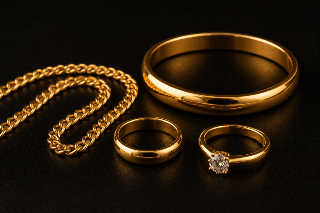 Gold chain, bangle, plain ring, and gemstone ring on a dark surface.