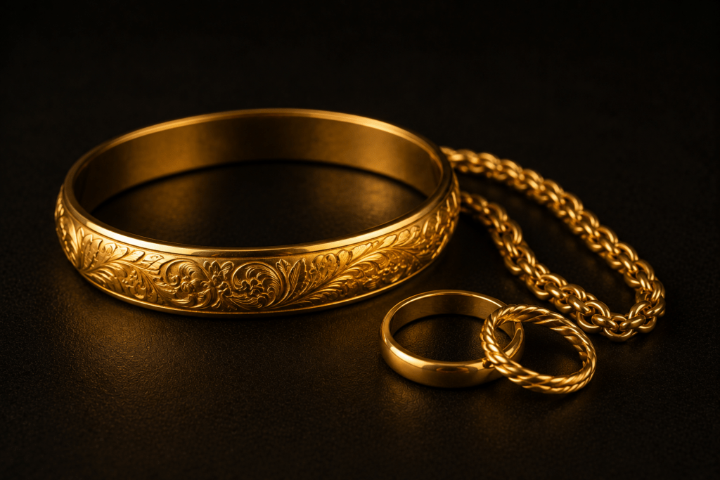 Gold bangle, chain, and two rings on a dark surface.
