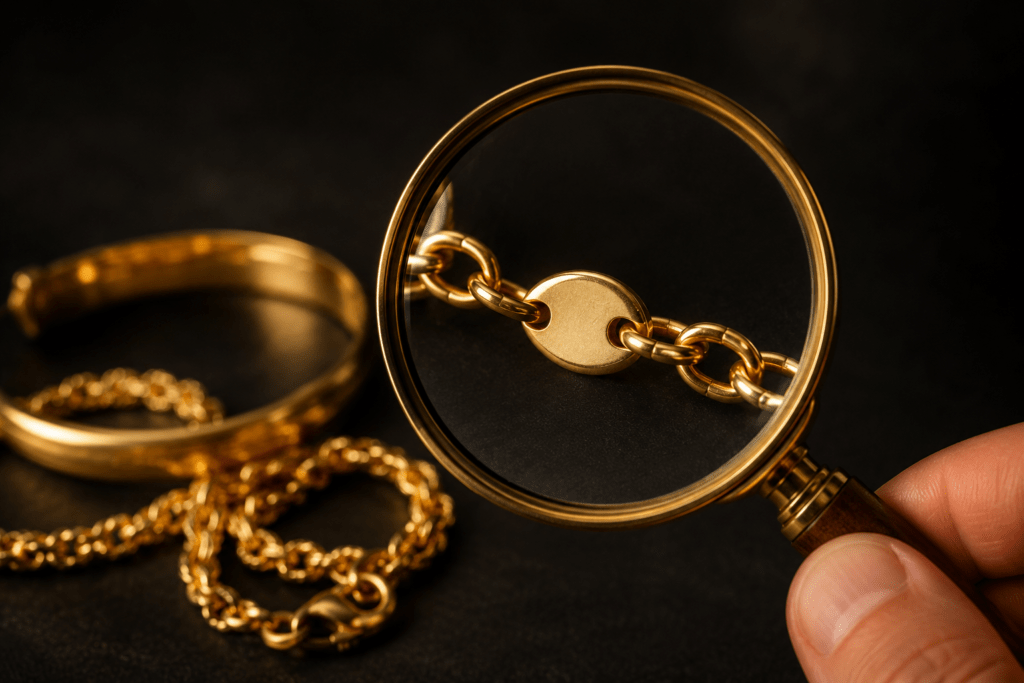 Gold-colored chain and jewelry viewed through a magnifying glass.