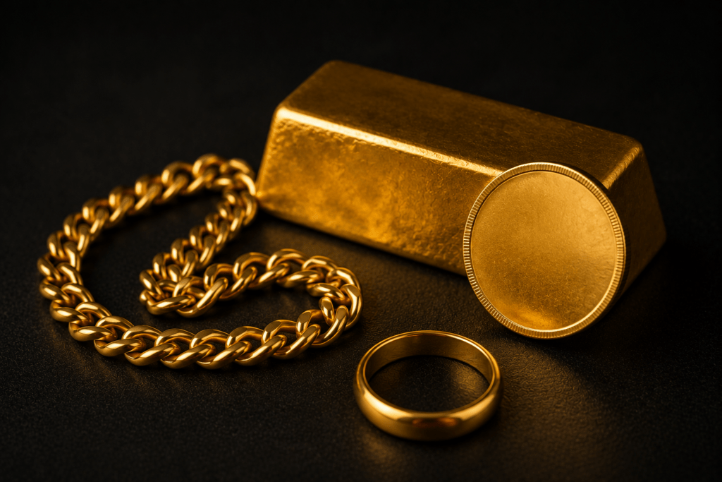Gold bar, coin, chain, and ring on a dark surface.