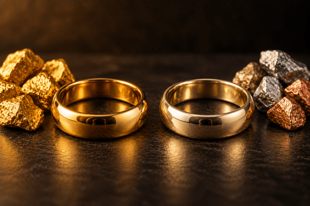 Two gold rings beside gold, silver, and copper metals on a dark background.