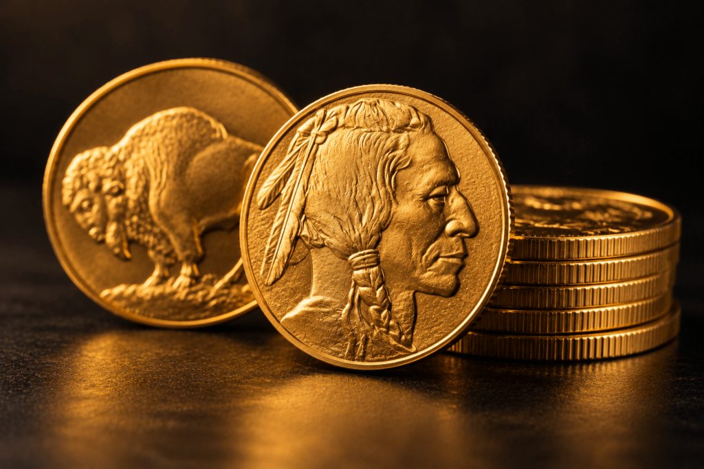 Gold coins featuring a Native American profile and buffalo design beside a stack of coins.