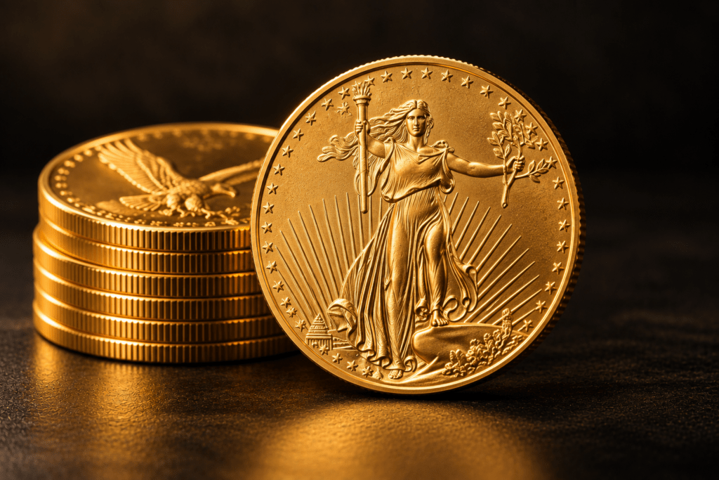 Gold coin with a Liberty design beside a stack of gold coins on a dark background.