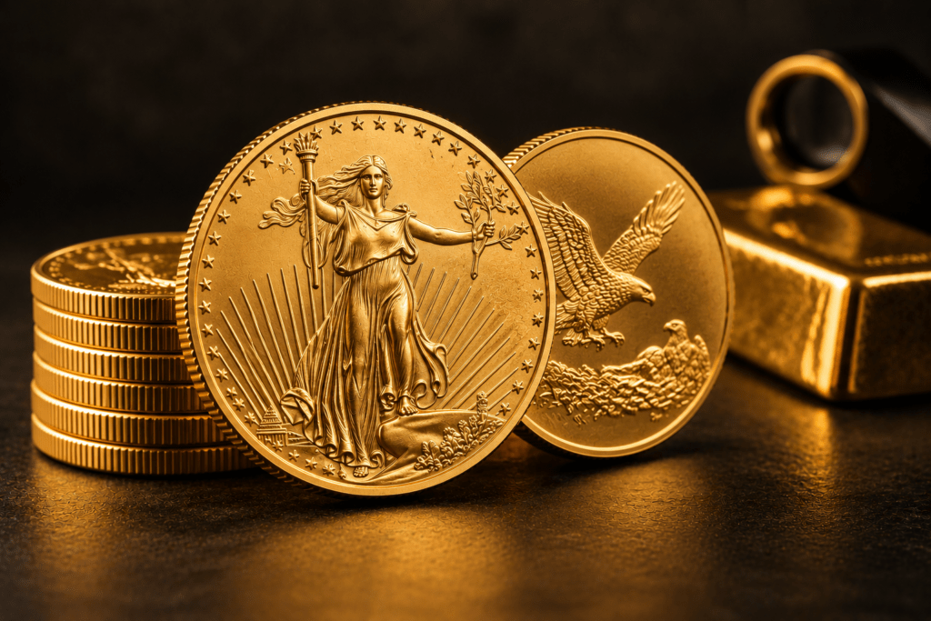 Gold coins with Liberty and eagle designs beside a gold bar on a dark background.