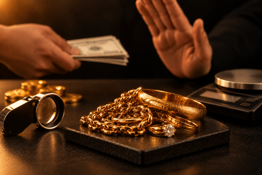 Gold jewelry beside a scale and loupe as one hand offers cash and another refuses.
