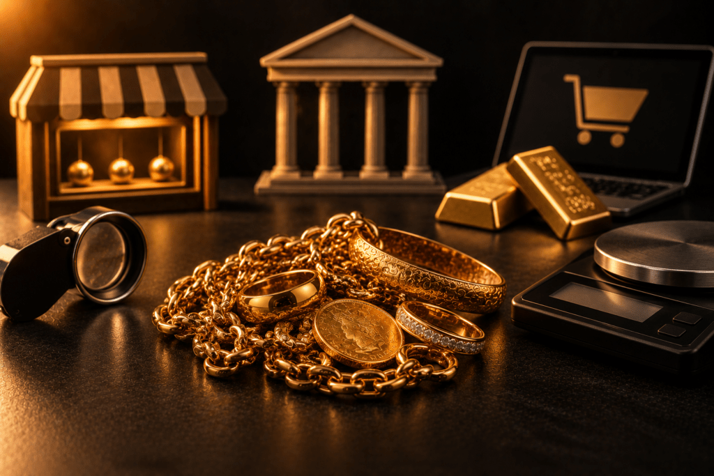 Gold jewelry, coins, scale, loupe, storefront, bank, and laptop on a dark surface.