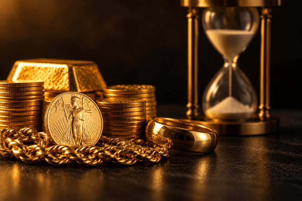 Gold coins, jewelry, and a gold bar beside an hourglass on a dark surface.