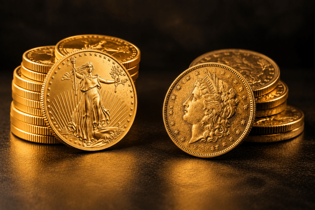 Modern gold bullion coins beside an older collectible gold coin on a dark background.