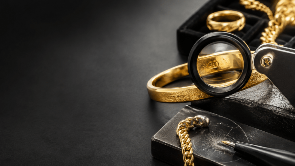 Gold jewelry hallmark examined with a jeweler’s loupe to verify authenticity