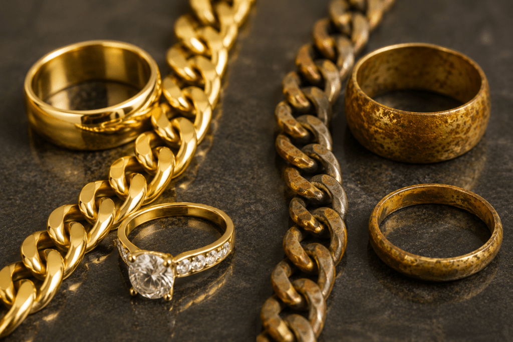 Clean gold jewelry beside tarnished and discolored gold-colored jewelry