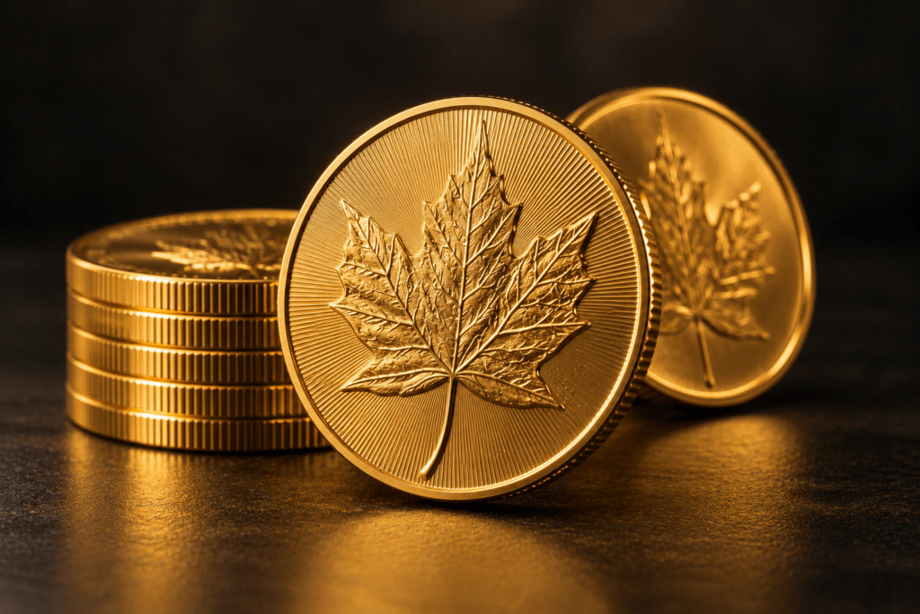 Gold coins with maple leaf designs beside a small stack of coins on a dark background.