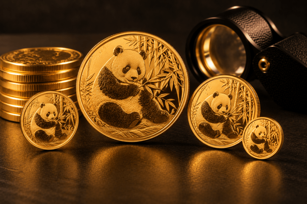 Gold panda coins in different sizes displayed beside a jeweler’s loupe.