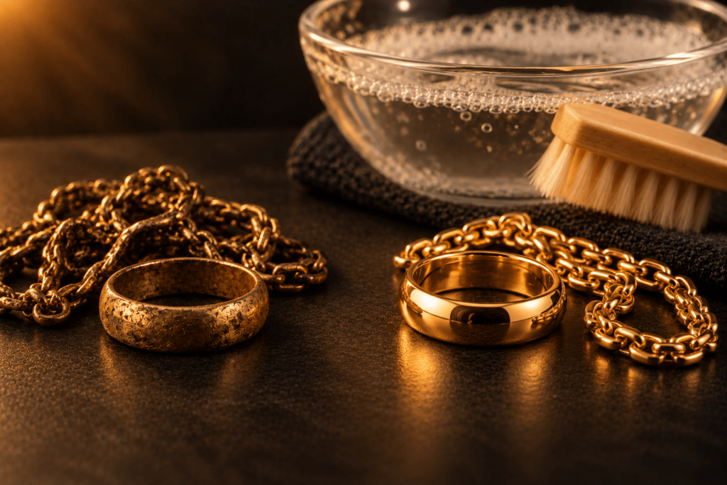 Gold rings and chains beside a cleaning brush and bowl of soapy water.
