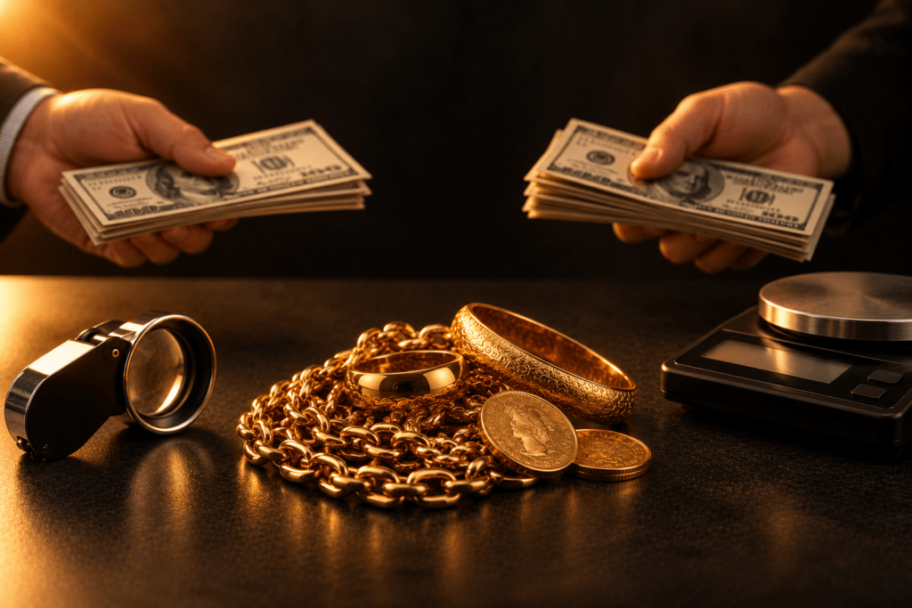 Gold jewelry, coins, scale, and loupe with two hands holding cash offers.
