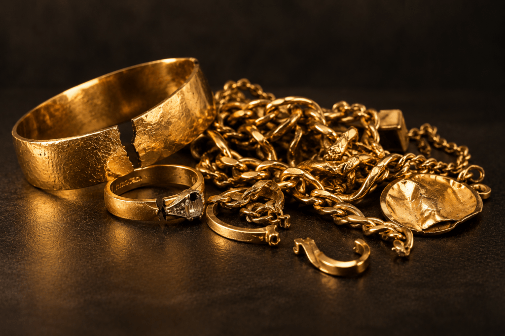 Broken gold bracelet, damaged rings, and tangled gold chains on a dark background.