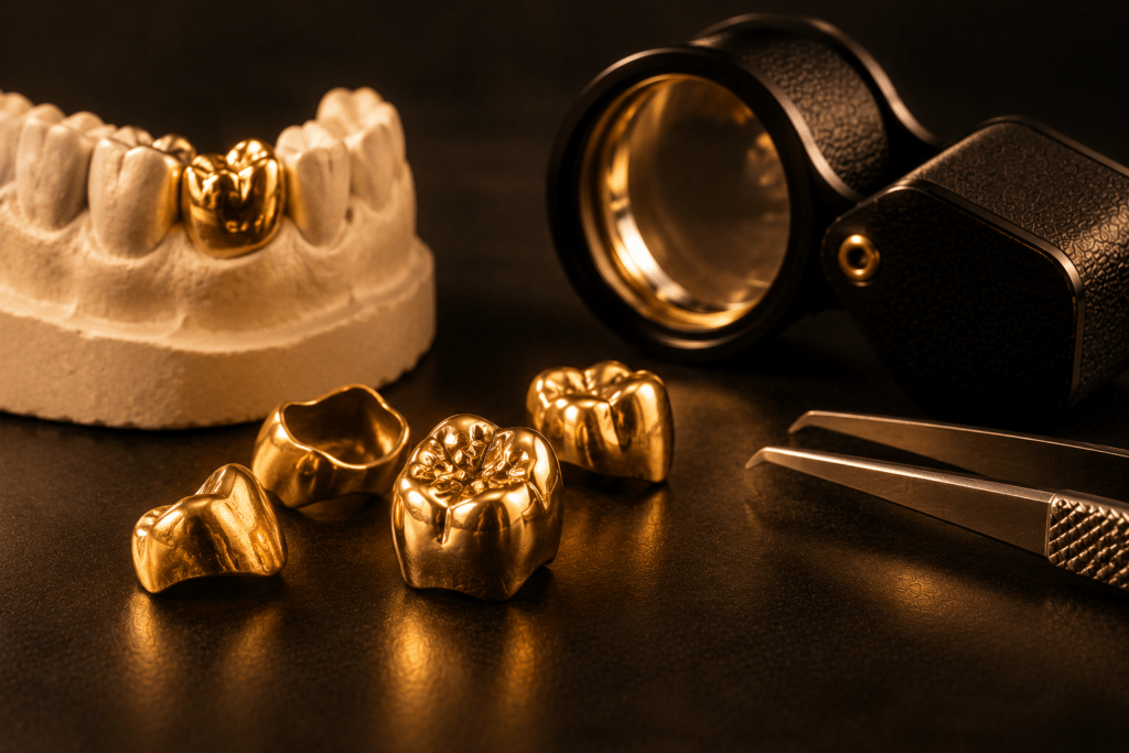 Gold dental crowns beside a dental model, jeweler’s loupe, and tweezers.