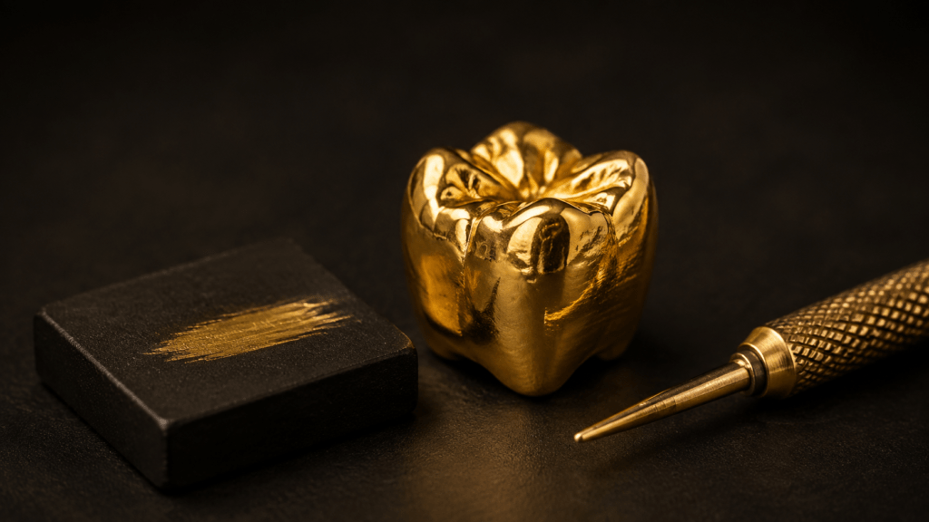 Gold dental crown beside a testing stone and metal tool on a dark background.
