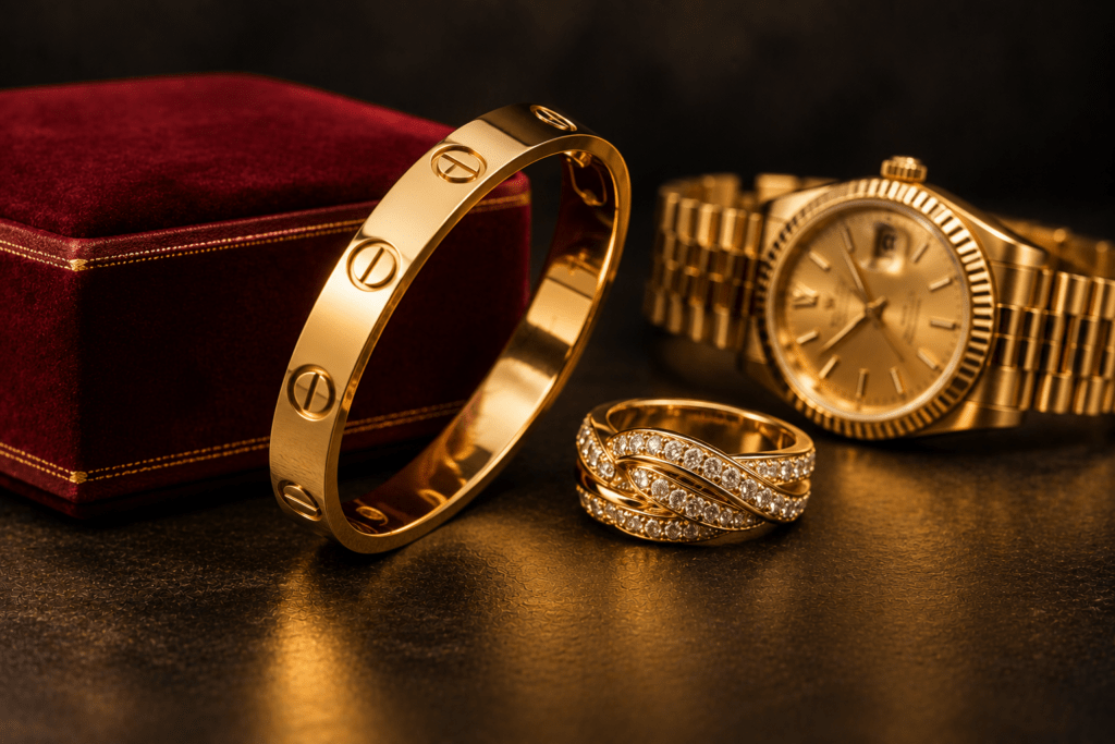 Gold bracelet, diamond ring, and gold watch beside a red jewelry box on a dark background.