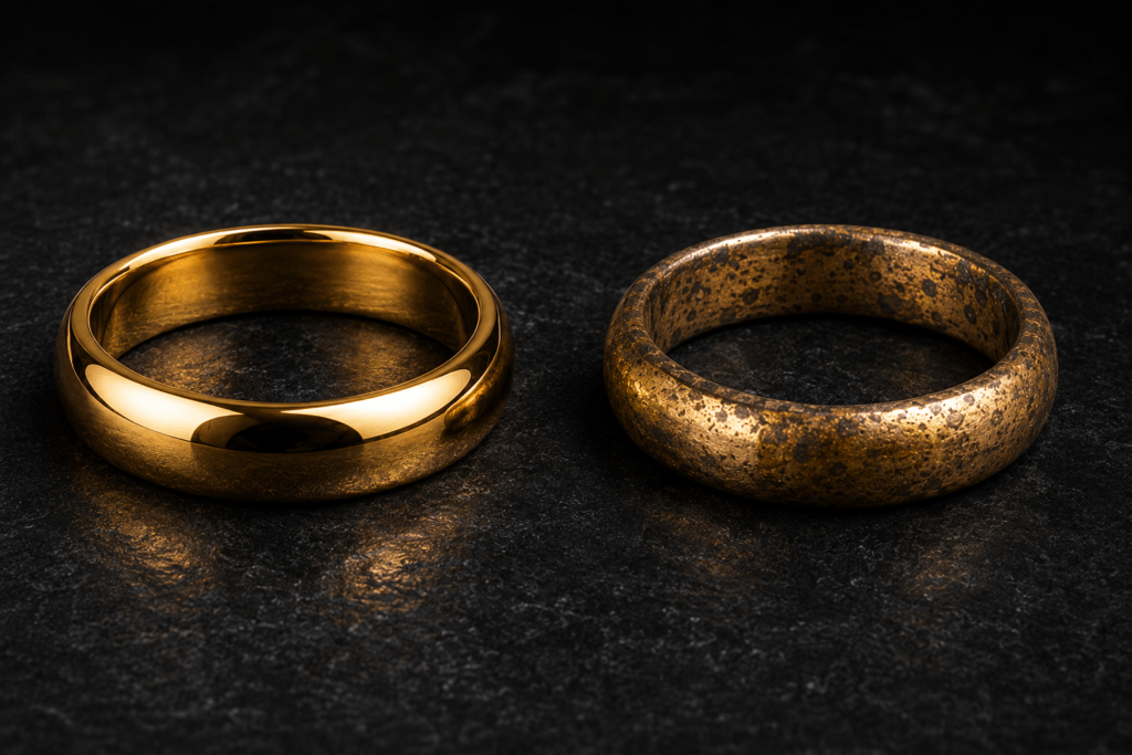 Polished gold ring beside a tarnished gold ring on a dark background