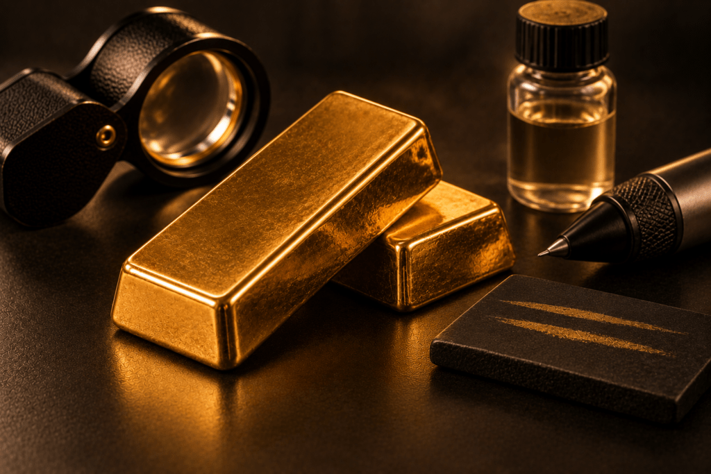 Gold bars beside a jeweler’s loupe, testing solution, metal tester, and assay stone.