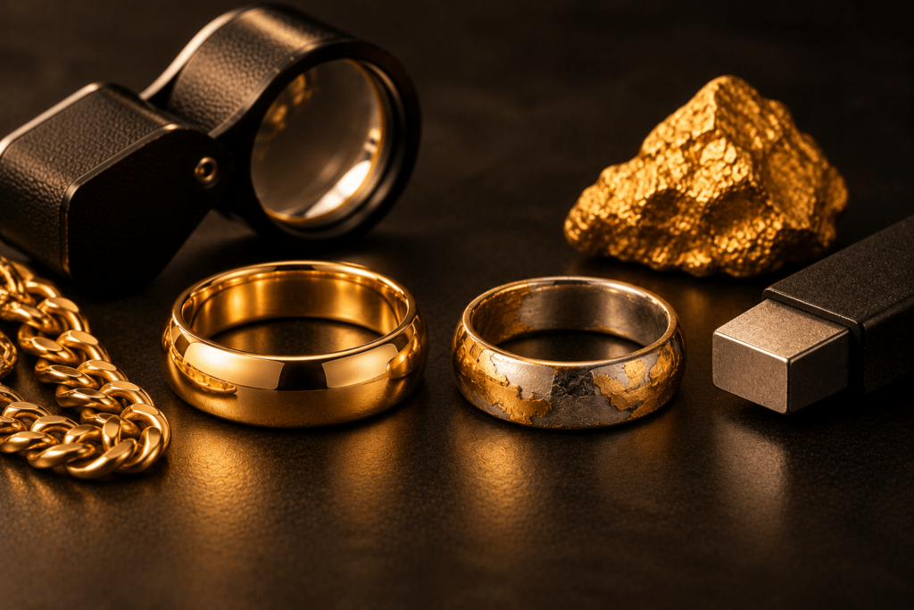 Gold rings and chain beside a jeweler’s loupe, gold nugget, and testing magnet.