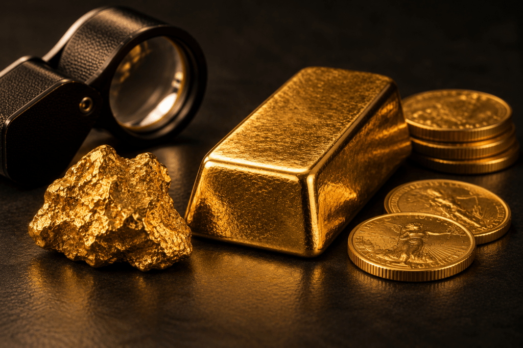 Gold bar, gold nugget, coins, and jeweler’s loupe on a dark surface.