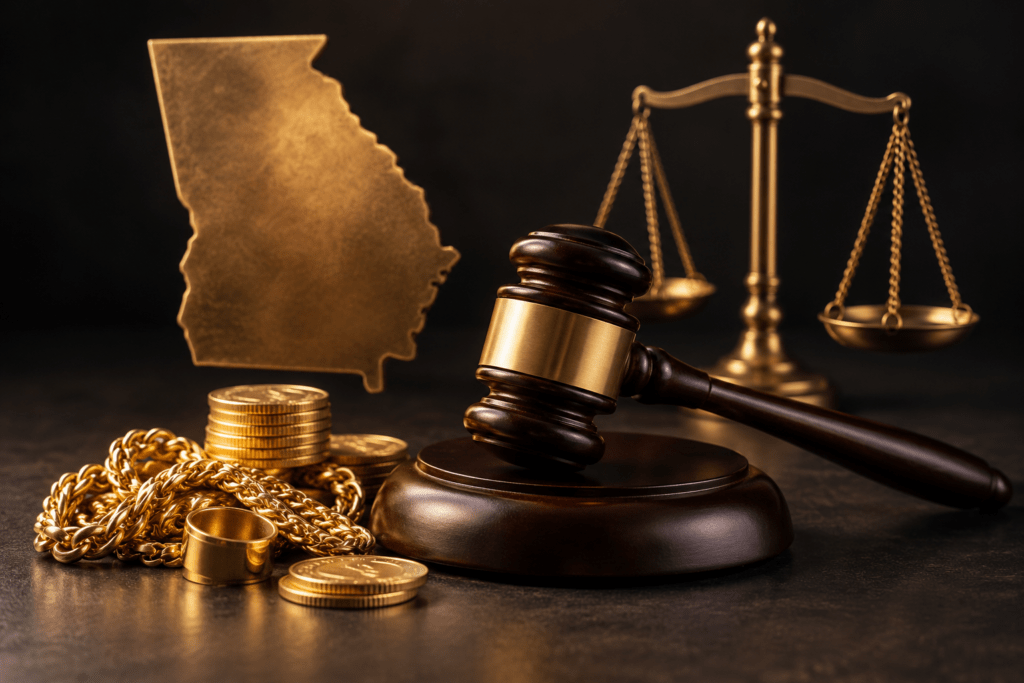 Gold jewelry and coins beside a judge’s gavel, scales of justice, and a Georgia-shaped symbol on a dark background.
