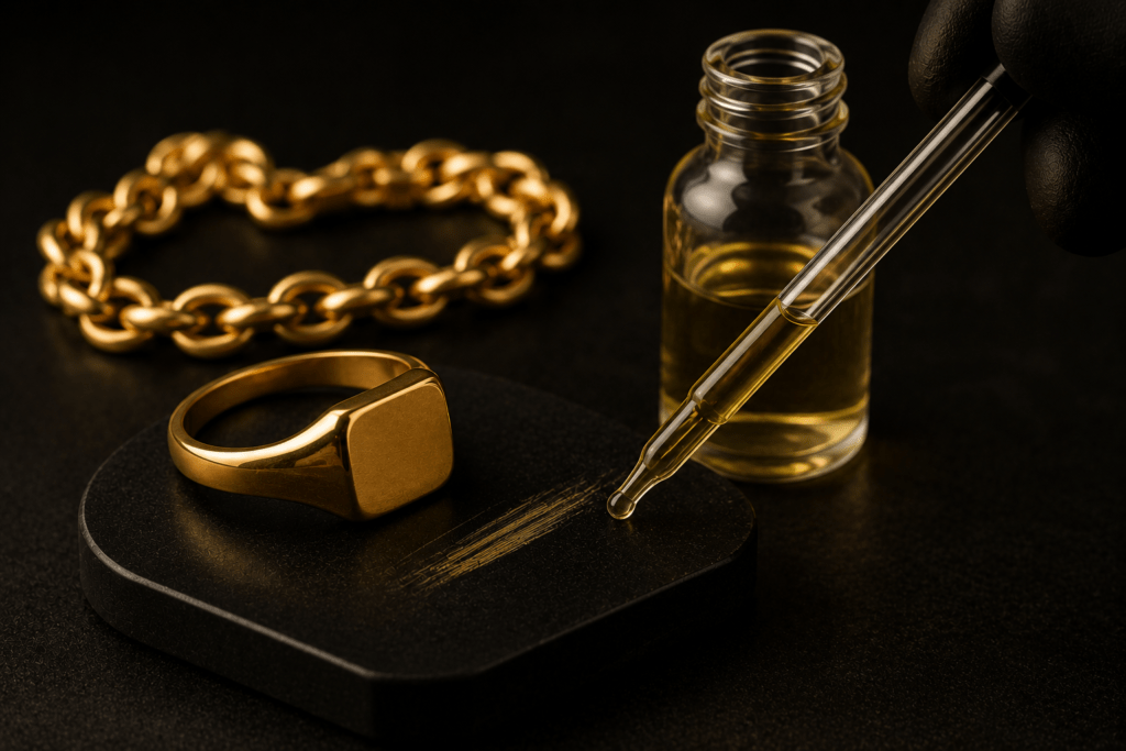 Gold ring on a testing stone with a dropper and acid testing solution.