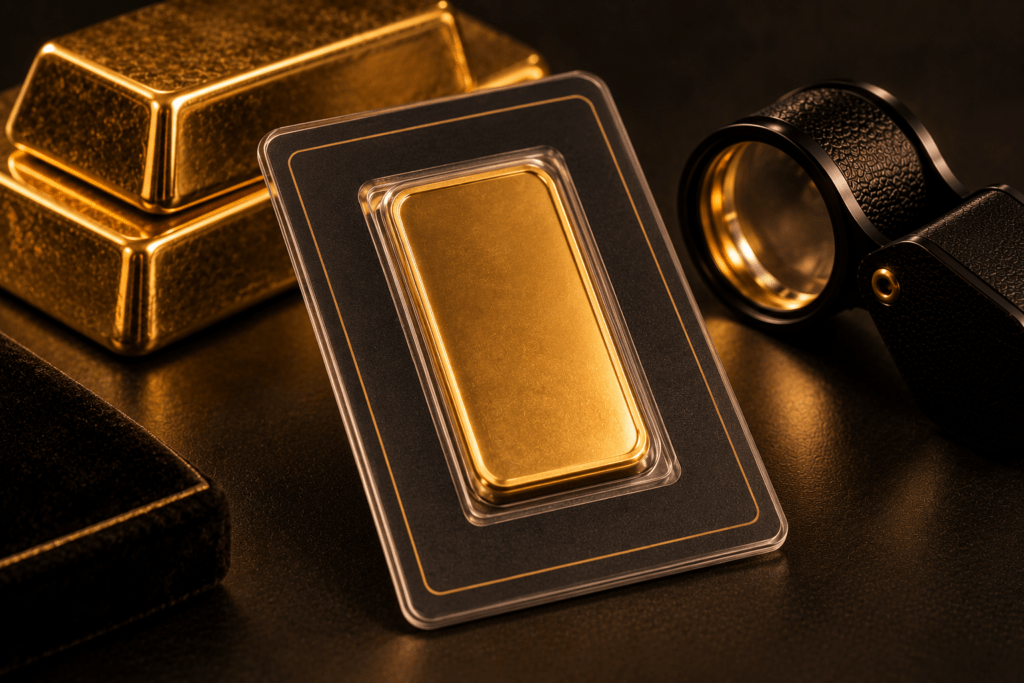 Gold bar sealed in an assay card beside stacked gold bars and a jeweler’s loupe.