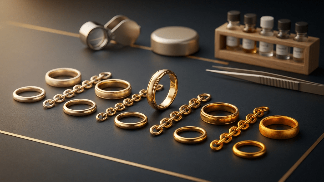 Gold jewelry representing different gold karats