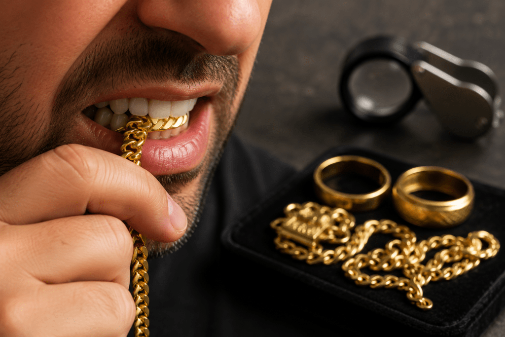 Person biting a gold chain to test whether the gold is real
