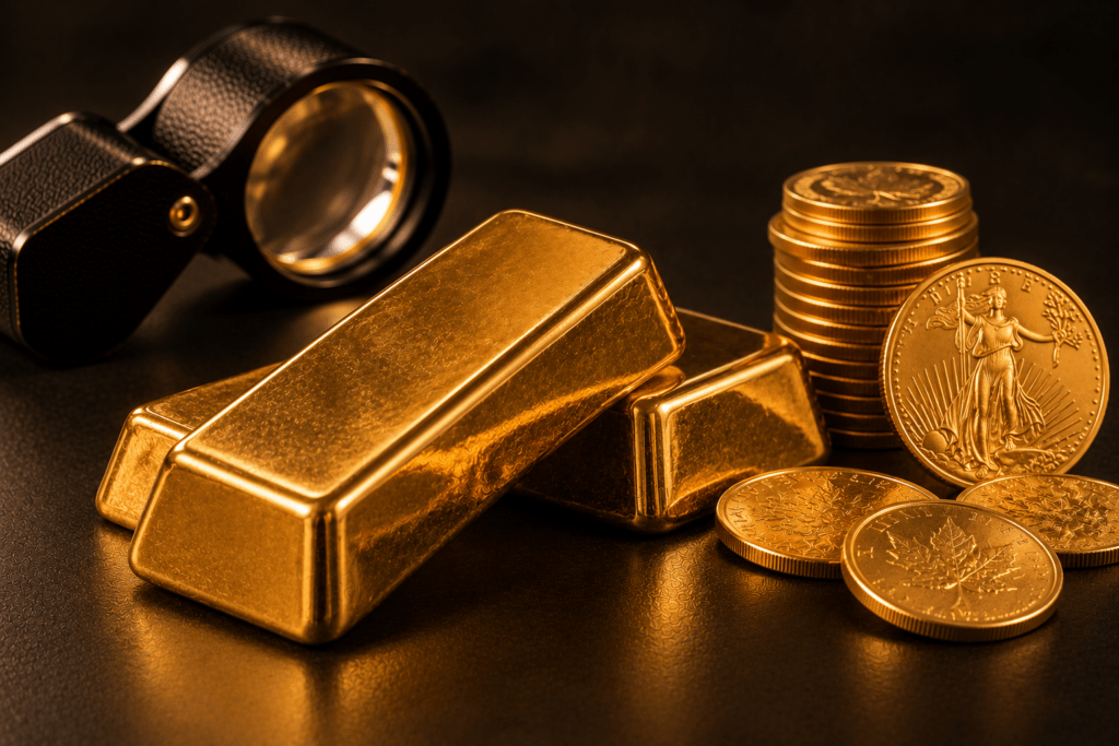 Gold bars and coins displayed beside a jeweler’s loupe on a dark surface.