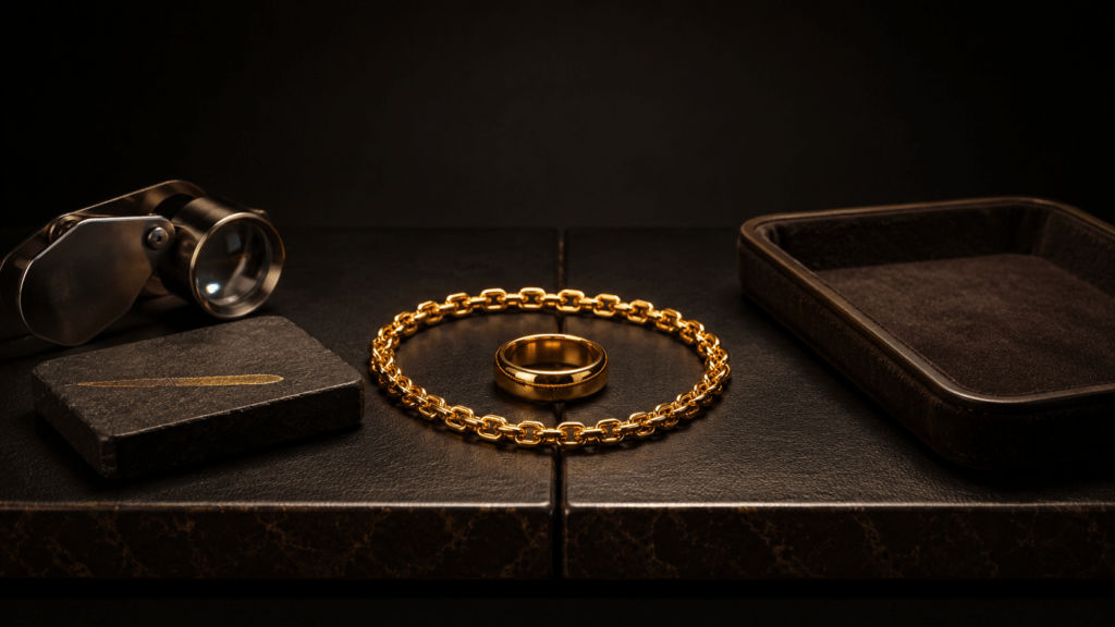 Gold chain and ring beside a loupe, testing stone, and tray.